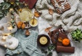 Cozy winter autumn things. Home coziness still life - soft slippers, knitted sweater, plaid, green tea with honey, tangerines, dry Royalty Free Stock Photo