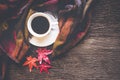 Cozy winter background, cup of hot coffee with marshmallow and leaves maple on season autumn, warm knitted sweater on old wooden b