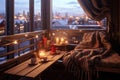 cozy winter balcony with blanket and hot cocoa Royalty Free Stock Photo