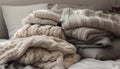 Cozy winter bedding wool duvet, fluffy blanket generated by AI