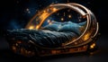 Cozy winter bedroom with glowing old fashioned bed, illuminated by yellow generated by AI Royalty Free Stock Photo