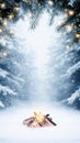 cozy winter bonfire under snowy pine trees with glowing lights Royalty Free Stock Photo
