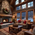 A cozy winter cabin living room with a stone fireplace, plaid accents, and snow-themed decor4