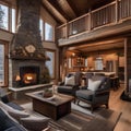 A cozy winter cabin living room with a stone fireplace, plaid accents, and snow-themed decor3