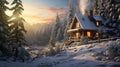 A cozy winter cabin nestled in a snowy forest. Smoke curls from the chimney,