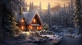 A cozy winter cabin nestled in a snowy forest. Smoke curls from the chimney,