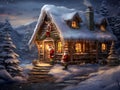 A cozy winter cabin in a snow-covered forest, decorated for Christmas. Royalty Free Stock Photo