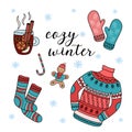 Cozy winter card. Warm clothes and mulled wine design elements. Vector set of colorful Christmas doodles. Outline hand drawn Royalty Free Stock Photo