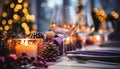 Cozy winter celebration candlelit elegance, wine, and Christmas lights generated by AI