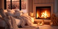 cozy winter celebration with a fireplace, warm blankets, and candles casting a soft, sparkling glow.