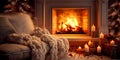 cozy winter celebration with a fireplace, warm blankets, and candles casting a soft, sparkling glow.
