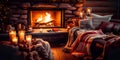 cozy winter celebration with a fireplace, warm blankets, and candles casting a soft, sparkling glow.