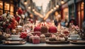 Cozy winter celebration gourmet dessert, candlelit table, Christmas decorations generated by AI