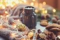 Cozy winter and Christmas setting with hot cocoa with marshmallows and homemade cookies Royalty Free Stock Photo