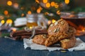 Cozy winter and Christmas setting with hot mulled wine with homemade cookies. Warm and homely Royalty Free Stock Photo