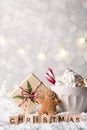 Cozy winter composition with a cup of hot chocolate with marshmallows gingerbread man cookies and gift on a light festive backgrou Royalty Free Stock Photo