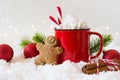 Cozy winter composition with a cup of hot chocolate with marshmallows gingerbread man cookies on a light background