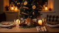 Cozy winter dining table setting with decorated tree candles and pinecones Royalty Free Stock Photo