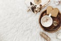 Cozy winter flat lay background, cup of coffee, old vintage paper on white background