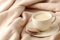 Cozy winter home background, cup of hot coffee with milk, warm k Royalty Free Stock Photo