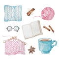 Cozy winter home. Cozy watercolor set of book, glasses, pillows, knitting, cup of tea and cinnamon