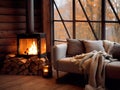 Cozy winter home interior with knitted blankets and pillows, holiday country house in wood, warm fire and afternoon