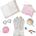 Cozy winter home. Set of book, glasses, knitting, socks, cup of tea and cinnamon sticks. Watercolor illustrations isolated