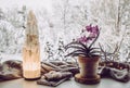 Cozy winter home set with natural selenite crystal electric tower lamp illuminated on window sill, gray color scarf and gloves.