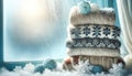 Cozy Winter Knitwear by Frosted Window, AI Generated Royalty Free Stock Photo