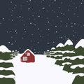 Cozy winter landscape in the forest with wooden house. Sky, stars, Christmas trees, snow vector illustration Royalty Free Stock Photo