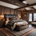 A cozy winter lodge bedroom featuring a roaring fireplace, plaid bedding, and fur accents4