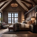 A cozy winter lodge bedroom featuring a roaring fireplace, plaid bedding, and fur accents3