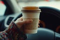 Cozy Winter Morning Drive with Geometric Patterned Coffee Cup in Car Royalty Free Stock Photo