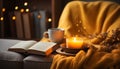 Cozy winter night book, candle, warmth, comfort, relaxation, reading, fire generated by AI Royalty Free Stock Photo