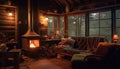 Cozy winter night, burning wood warms old rustic living room generated by AI