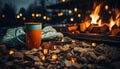 Cozy winter night campfire, wood burning, marshmallow, hot drink, candlelight generated by AI