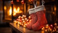 Cozy winter night flame illuminates Christmas tree, stockings, and gifts generated by AI