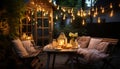 Cozy winter night illuminated table, candlelight, comfortable chair, rustic decor generated by AI