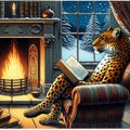 Cozy Winter Night, Literate Leopard by the Fireplace Royalty Free Stock Photo