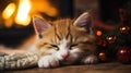 Cozy Winter Nights: A Sleepy Kitten by the Fireplace Royalty Free Stock Photo