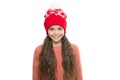 Cozy winter outfit. Little kid wear knitted hat. Stay warm this winter. Happy little girl winter fashion accessory