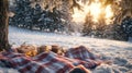 A cozy winter picnic in the snow, with blankets, hot chocolate, and Royalty Free Stock Photo