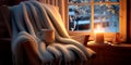 cozy winter reading nook with a comfortable chair, a warm blanket, and a cup of tea or coffee