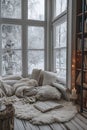 Cozy winter reading nook with snowy view. - AI Generated Royalty Free Stock Photo