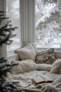 Cozy winter reading nook with snowy view. - AI Generated Royalty Free Stock Photo