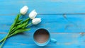 Cozy winter relax time.  Cup of hot coffee with write lily flower on the blue wood background Royalty Free Stock Photo