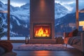 Cozy Winter Retreat Interior with Fireplace and Scenic Snowy Mountain View Through Window Royalty Free Stock Photo