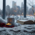 Cozy winter scene coffee, candle, book on bed with cityscape
