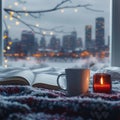 Cozy winter scene coffee, candle, book on bed with cityscape