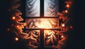 Festive Winter Window with Frost Patterns and Christmas Lights, AI Generated Royalty Free Stock Photo